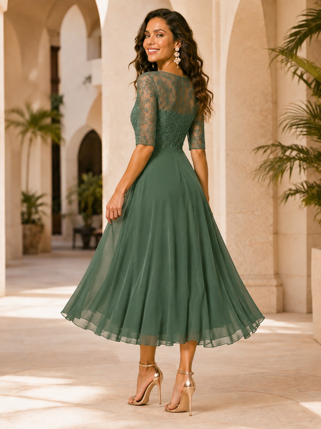 Green Sheer Sleeve Embroidered Midi Dress for Wedding Guest